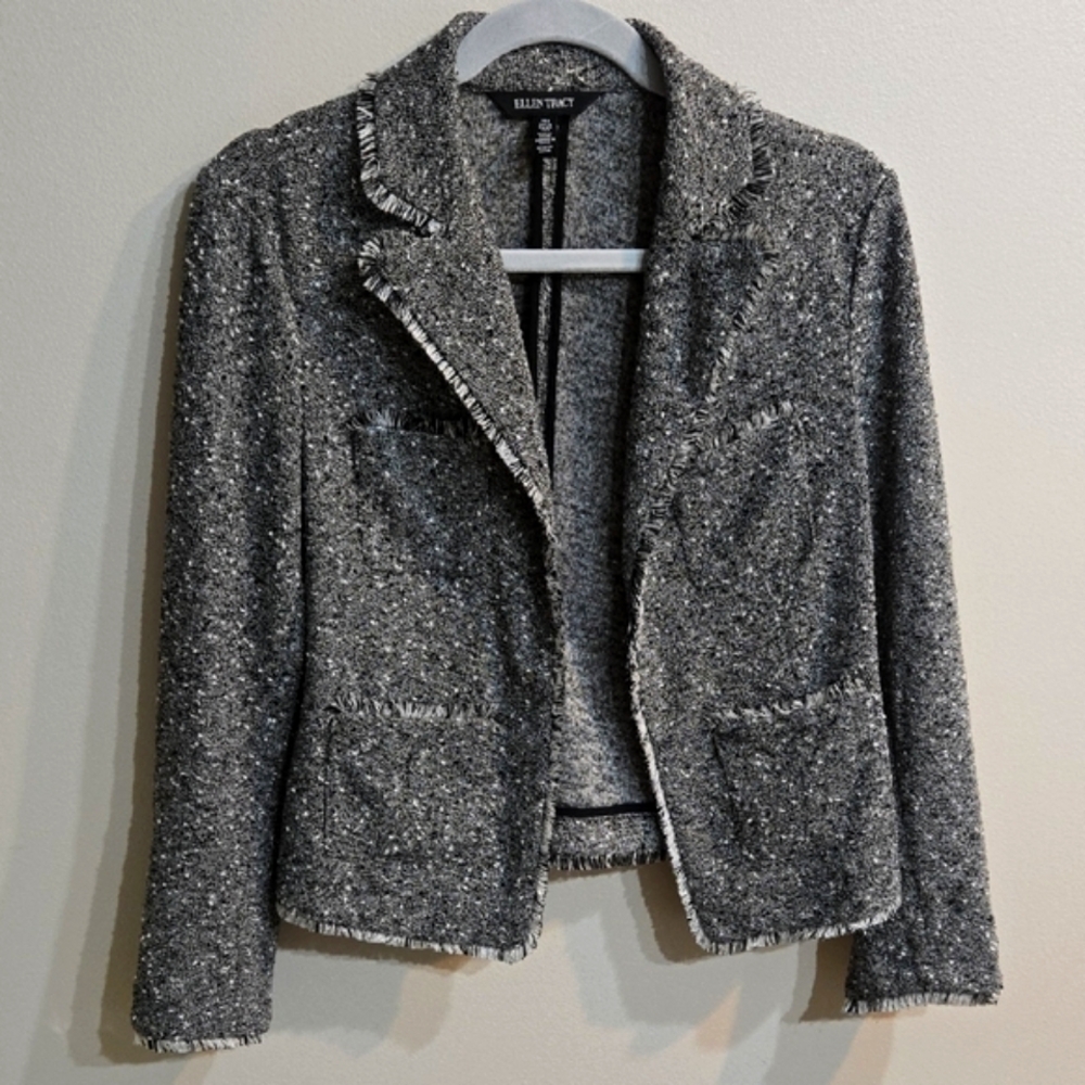 Ellen Tracy Gray Cropped Tweed Blazer Size Small  79%polyester